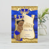 Royal Prince Baby Shower Blue Gold Damask Ethnic Einladung (Stehend Vorderseite)