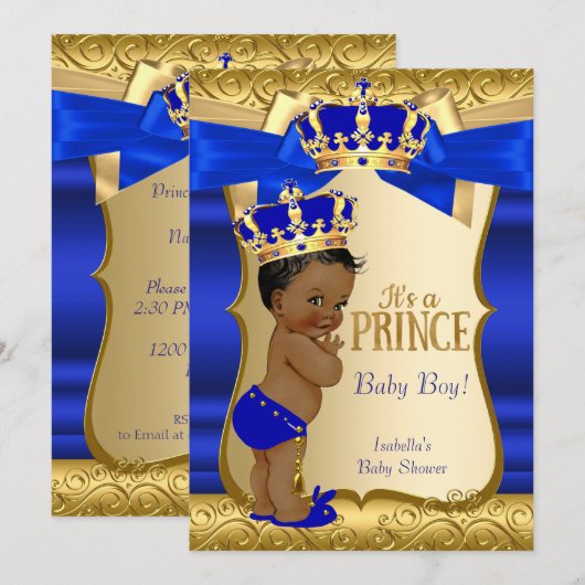 Royal Prince Baby Shower Blue Gold Damask Ethnic Einladung (Vorne/Hinten)