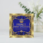 Royal Prince Baby Shower Boy Blue Gold Einladung (Stehend Vorderseite)