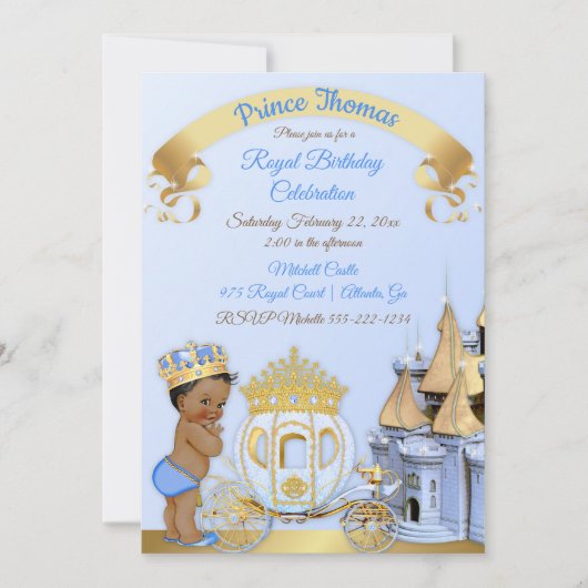 Royal Prince Castle Carriage Blue Gold Boy Einladung (Vorderseite)