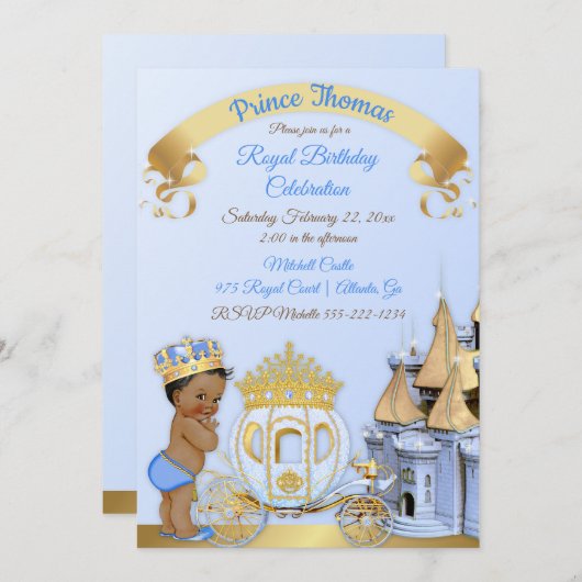 Royal Prince Castle Carriage Blue Gold Boy Foto Einladung (Vorne/Hinten)