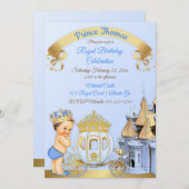 Royal Prince Castle Carriage Blue Gold Boy Foto Einladung (Vorne/Hinten)