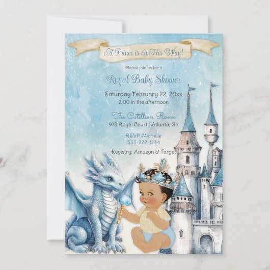 Royal Prince Castle Dragon Crown Blue Gold Boy Einladung (Vorderseite)
