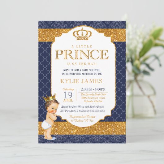 Royal Prince Navy Blue Gold White Baby Dusche Einladung (Stehend Vorderseite)