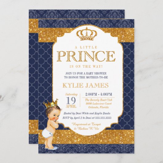 Royal Prince Navy Blue Gold White Baby Dusche Einladung (Vorne/Hinten)