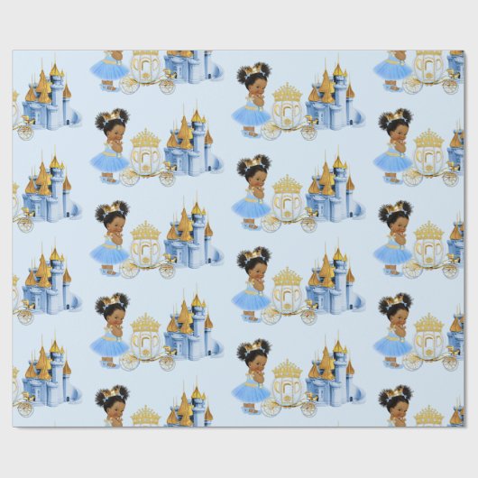 Royal Princess Castle Carriage Blue Gold Girl Geschenkpapier (Flach)