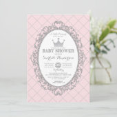 Royal Princess Crown Pink Silver Baby Dusche Einladung (Stehend Vorderseite)