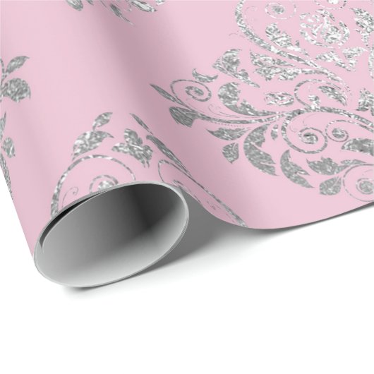 Royal Princess Pink Silver Damask Shiny Geschenkpapier (Rolleneckpunkt)