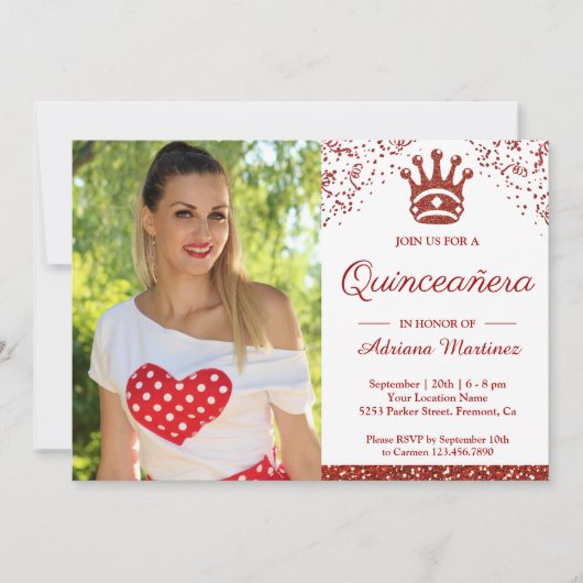Royal Princess Red Glitzer Foto Quinceanera Einladung (Vorderseite)
