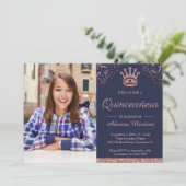 Royal Princess Rose Gold Glitzer Foto Quinceanera Einladung (Stehend Vorderseite)