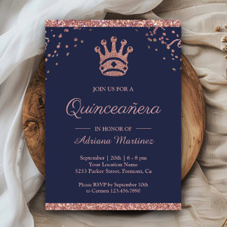 Royal Princess Rose Gold Glitzern Navy Quinceanera Einladung