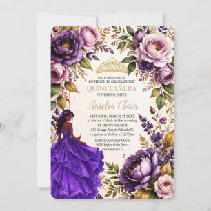 Royal Purple Blush Floral Prinzessin Quinceanera 1 Einladung
