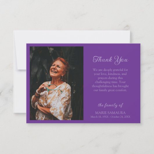 Royal Purple Romantic Customize Photo Funeral Dankeskarte (Vorderseite)