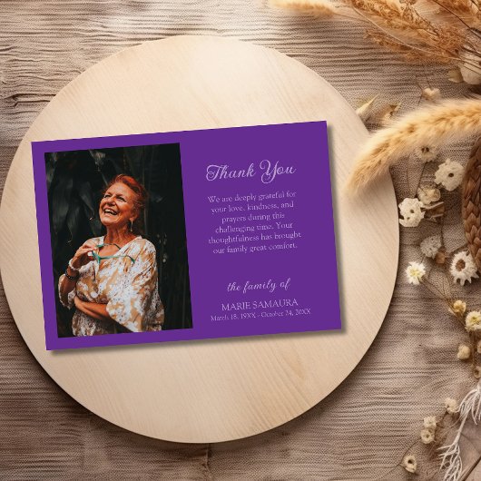 Royal Purple Romantic Customize Photo Funeral Dankeskarte
