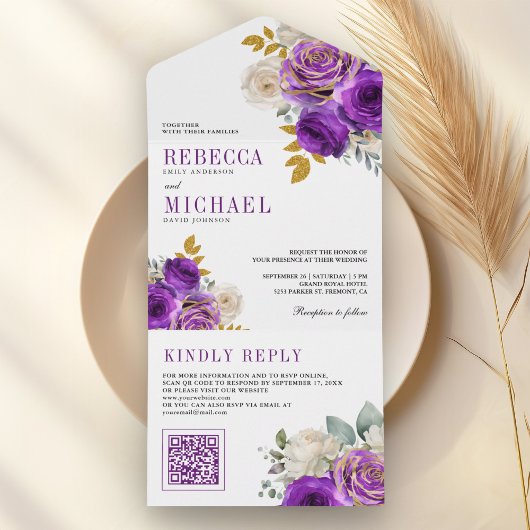 Royal Purple Roses Floral QR Code Wedding All In One Einladung