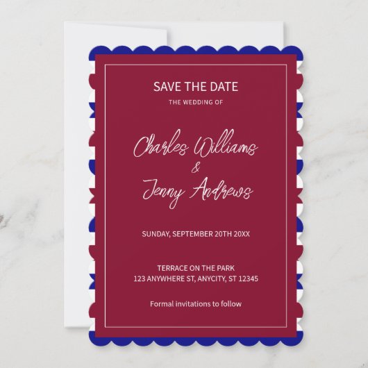 Royal Red and Blue Wedding Theme Save The Date (Vorderseite)
