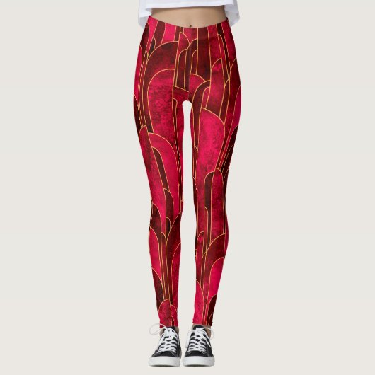 Royal Red and Gold Art Deco Muster Leggings (Vorderseite)