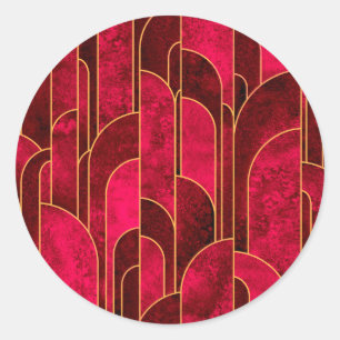 Royal Red and Gold Art Deco Muster Runder Aufkleber