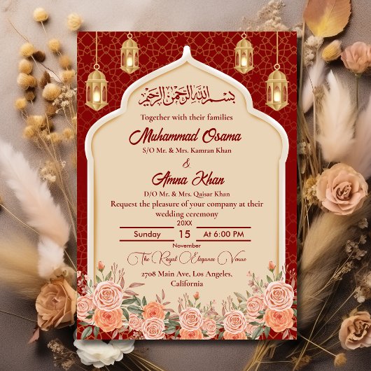 Royal Red and Gold Floral Islamic Wedding Einladung