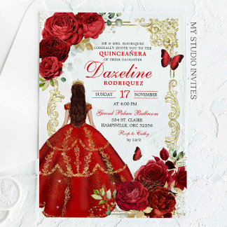 Royal Red and Gold Princessa Quinceañera Acryleinladungen