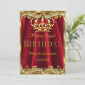 Royal Red Birthday Party Gold Crown Einladung (Stehend Vorderseite)