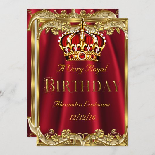 Royal Red Birthday Party Gold Crown Einladung (Vorne/Hinten)