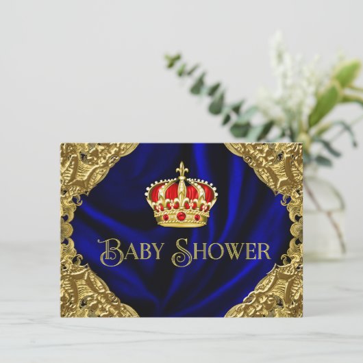 Royal Red Blue und Gold Crown Baby Dusche Einladung (Stehend Vorderseite)