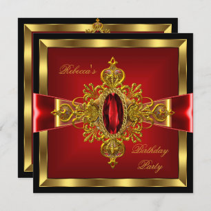 Royal Red Diamond Gold Bow Black Birthday Party Einladung