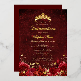 Royal Red Floral Butterfly Tiara Quinceanera Folieneinladung