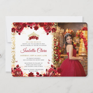 Royal Red Floral Gold Arch Foto Quinceanera Einladung