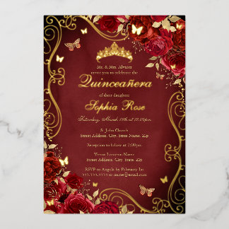 Royal Red Floral Gold Swirl Butterfly Quinceanera Folieneinladung