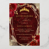 Royal Red Floral Rosen Gold Tiara Quinceanera Folieneinladung (Vorderseite)