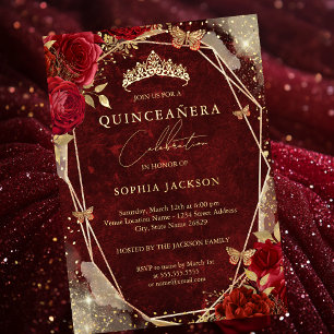 Royal Red Floral Rosen Gold Tiara Quinceanera Folieneinladung