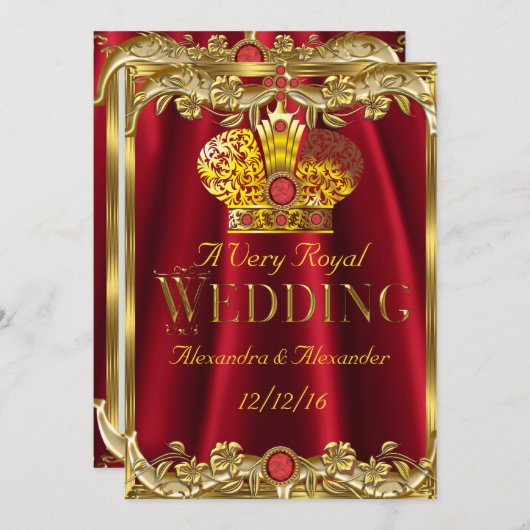 Royal Red Gems Wedding Gold Crown Einladung (Vorne/Hinten)