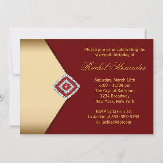 Royal Red Gold 16 . Geburtstag Einladung (Rückseite)