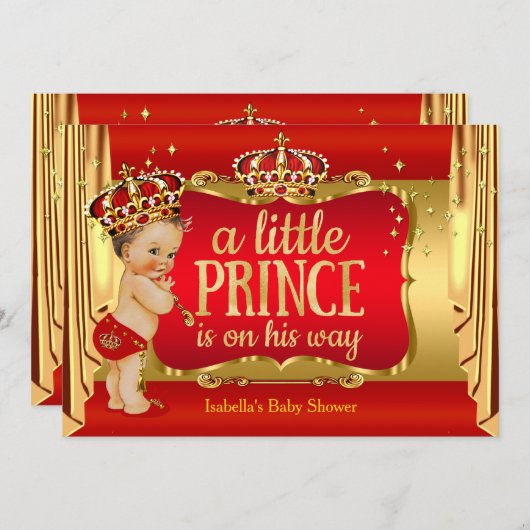 Royal Red Gold Boy Prince Baby Dusche Brünett Einladung (Vorne/Hinten)