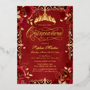 Royal Red Gold Butterfly Rosen Quinceanera Folieneinladung