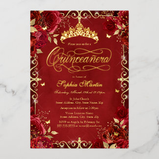 Royal Red Gold Butterfly Rosen Quinceanera Folieneinladung