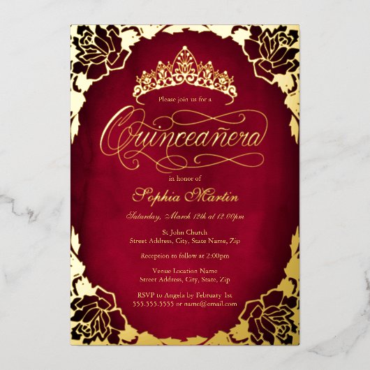 Royal Red Gold Elegante Rose Script Quinceanera Folieneinladung (Vorderseite)
