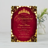 Royal Red Gold Elegante Rose Script Quinceanera Folieneinladung (Stehend vorne)