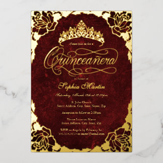 Royal Red Gold Elegante Rose Script Quinceanera Folieneinladung