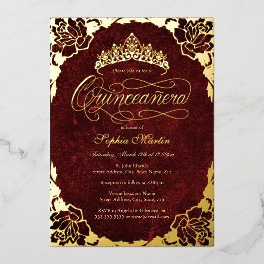 Royal Red Gold Elegante Rose Script Quinceanera Folieneinladung (Vorderseite)