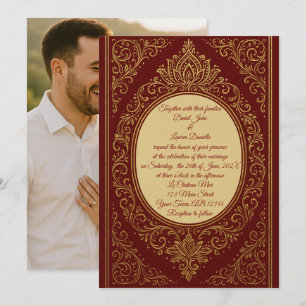 Royal Red & Gold Filigree Foto Hochzeit Einladung