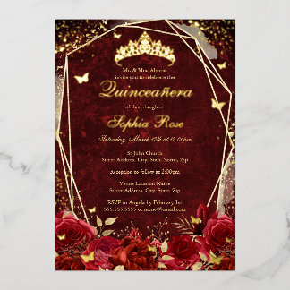 Royal Red Gold Floral Butterfly Tiara Quinceanera Folieneinladung