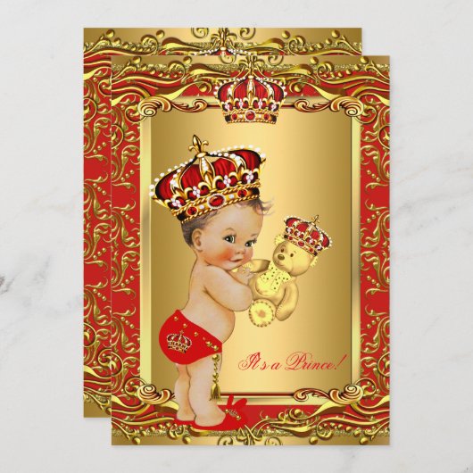 Royal Red Prince Crown Baby Duschbär Einladung (Vorne/Hinten)