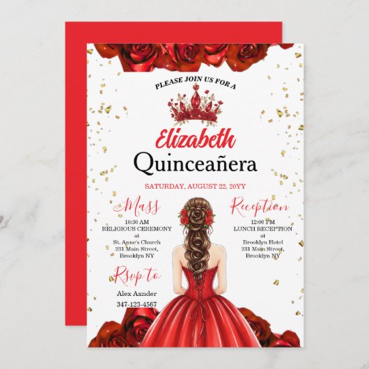 Royal Red Rose Butterfly Quinceañera Invite Einladung (Vorne/Hinten)
