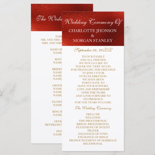 Royal Red Shiny White Wedding Program Programm (Vorne/Hinten)