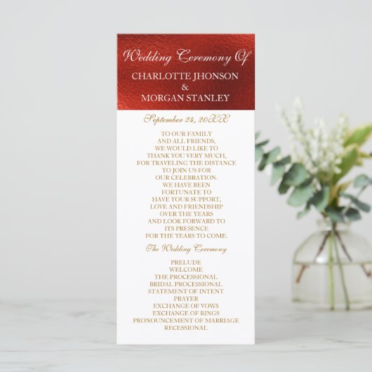 Royal Red Shiny White Wedding Program Programm (Stehend Vorderseite)
