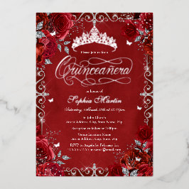 Royal Red Silver Butterfly Rosen Quinceanera Folieneinladung