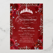 Royal Red Silver Butterfly Rosen Quinceanera Folieneinladung (Vorderseite)